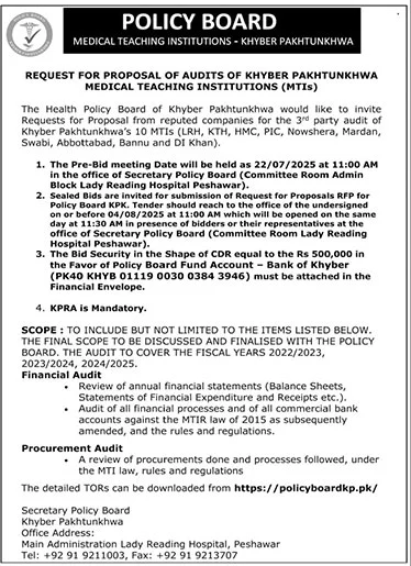Medical Teaching Institutions Peshawar Tender Notice